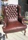 Vintage Burgundy Leather Chesterfied Wing Back Fireside Armchair Queen Anne