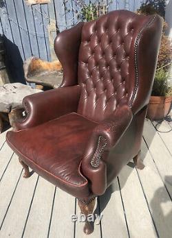 Vintage Burgundy Leather Chesterfied Wing Back Fireside Armchair Queen Anne