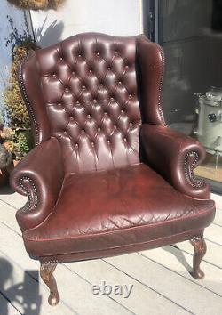 Vintage Burgundy Leather Chesterfied Wing Back Fireside Armchair Queen Anne