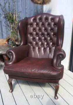 Vintage Burgundy Leather Chesterfied Wing Back Fireside Armchair Queen Anne