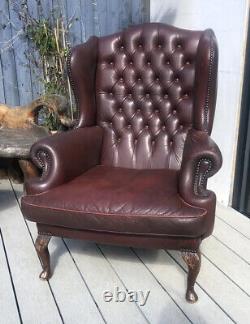 Vintage Burgundy Leather Chesterfied Wing Back Fireside Armchair Queen Anne