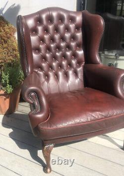 Vintage Burgundy Leather Chesterfied Wing Back Fireside Armchair Queen Anne