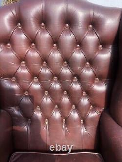 Vintage Burgundy Leather Chesterfied Wing Back Fireside Armchair Queen Anne