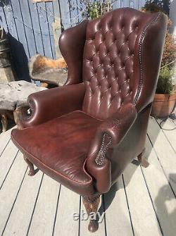 Vintage Burgundy Leather Chesterfied Wing Back Fireside Armchair Queen Anne