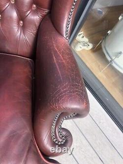 Vintage Burgundy Leather Chesterfied Wing Back Fireside Armchair Queen Anne