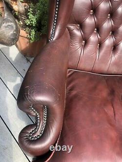 Vintage Burgundy Leather Chesterfied Wing Back Fireside Armchair Queen Anne