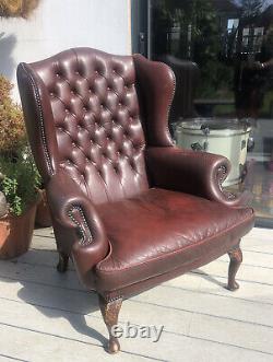 Vintage Burgundy Leather Chesterfied Wing Back Fireside Armchair Queen Anne