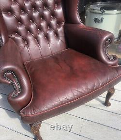 Vintage Burgundy Leather Chesterfied Wing Back Fireside Armchair Queen Anne