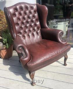 Vintage Burgundy Leather Chesterfied Wing Back Fireside Armchair Queen Anne