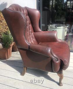 Vintage Burgundy Leather Chesterfied Wing Back Fireside Armchair Queen Anne