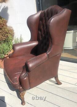 Vintage Burgundy Leather Chesterfied Wing Back Fireside Armchair Queen Anne