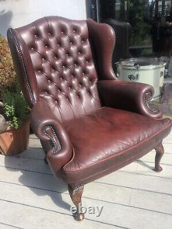 Vintage Burgundy Leather Chesterfied Wing Back Fireside Armchair Queen Anne