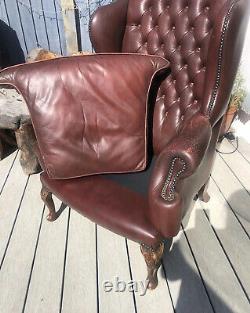 Vintage Burgundy Leather Chesterfied Wing Back Fireside Armchair Queen Anne