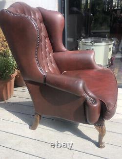 Vintage Burgundy Leather Chesterfied Wing Back Fireside Armchair Queen Anne