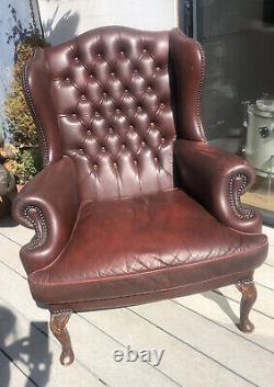 Vintage Burgundy Leather Chesterfied Wing Back Fireside Armchair Queen Anne