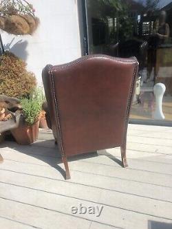 Vintage Burgundy Leather Chesterfied Wing Back Fireside Armchair Queen Anne