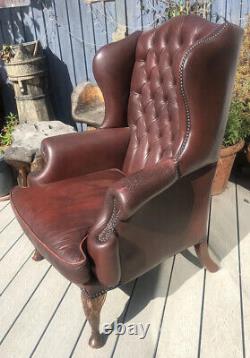 Vintage Burgundy Leather Chesterfied Wing Back Fireside Armchair Queen Anne