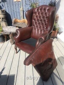 Vintage Burgundy Leather Chesterfied Wing Back Fireside Armchair Queen Anne