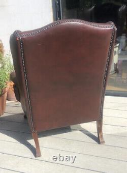 Vintage Burgundy Leather Chesterfied Wing Back Fireside Armchair Queen Anne