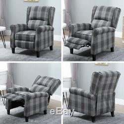 Vintage Check Recliner Lounge Chair Armchair Sofa Wing Back Fabric Fireside Grey