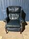 Vintage Chesterfield Wingback Blue Leather Recliner Fireside Armchair #l