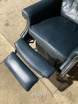 Vintage Chesterfield Wingback Blue Leather Recliner Fireside Armchair #L