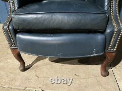Vintage Chesterfield Wingback Blue Leather Recliner Fireside Armchair Lazyboy