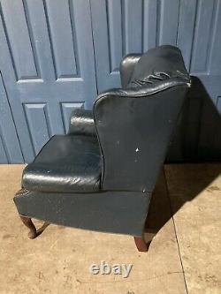 Vintage Chesterfield Wingback Blue Leather Recliner Fireside Armchair Lazyboy