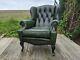 Vintage Green Leather Wing Back Chesterfield Fireside Chair With Queen Anne Legs