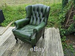 Vintage Green Leather Wing Back Chesterfield Fireside Chair with Queen Anne Legs