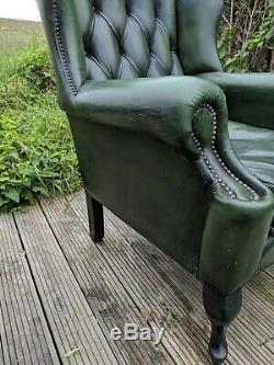 Vintage Green Leather Wing Back Chesterfield Fireside Chair with Queen Anne Legs