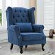 Vintage High Back Armchair Fabric Upholstered Queen Anne Studded Fireside Chair