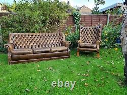 Vintage Leather Chesterfield Sofa And Barrel Back Chair Wingback Fireside