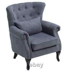 Vintage Linen/Velvet Fireside Chair Wing Back Queen Anne Armchair Lounge Seat