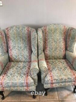 Vintage Pair Of Wing Back Fireside Armchairs Chairs Green Striped