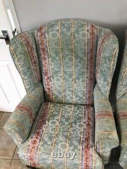 Vintage Pair Of Wing Back Fireside Armchairs Chairs Green Striped