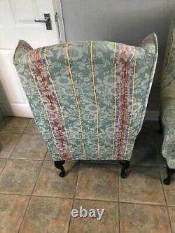 Vintage Pair Of Wing Back Fireside Armchairs Chairs Green Striped