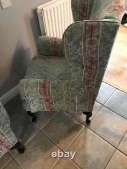 Vintage Pair Of Wing Back Fireside Armchairs Chairs Green Striped