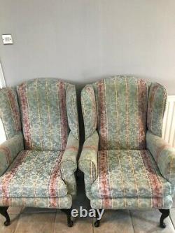 Vintage Pair Of Wing Back Fireside Armchairs Chairs Green Striped