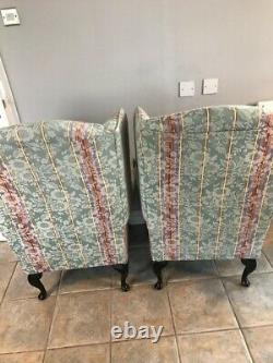 Vintage Pair Of Wing Back Fireside Armchairs Chairs Green Striped