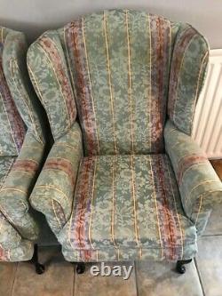 Vintage Pair Of Wing Back Fireside Armchairs Chairs Green Striped