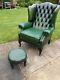 Vintage Parliament Greenchesterfield Leather Wingback Fireside Chair &footstool