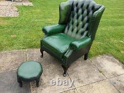 Vintage Parliament GreenChesterfield Leather Wingback Fireside Chair &Footstool