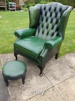 Vintage Parliament GreenChesterfield Leather Wingback Fireside Chair &Footstool