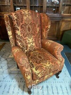 Vintage Queen Anne Wingback Fireside Chair Armchair Rusty Orange