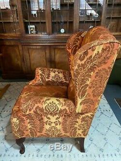 Vintage Queen Anne Wingback Fireside Chair Armchair Rusty Orange