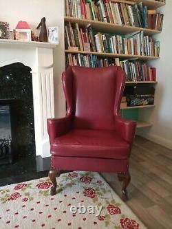 Vintage Red Leather Wingback Chair. Queen Anne Chair. Fireside Chair. Library