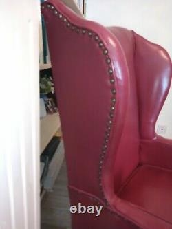 Vintage Red Leather Wingback Chair. Queen Anne Chair. Fireside Chair. Library