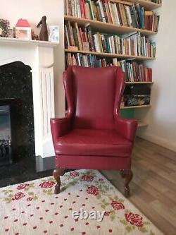 Vintage Red Leather Wingback Chair. Queen Anne Chair. Fireside Chair. Library