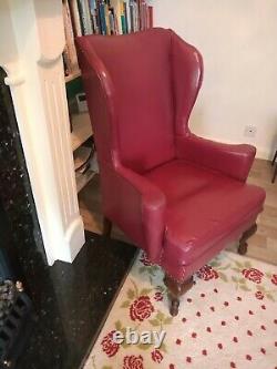 Vintage Red Leather Wingback Chair. Queen Anne Chair. Fireside Chair. Library